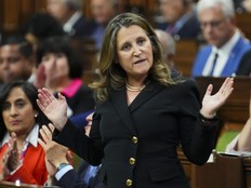 Deputy Prime Minister and Minister of Finance Chrystia Freeland rises during Question Period in the House of Commons on Parliament Hill in Ottawa, Monday, Oct. 21, 2024.