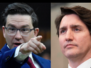 Opposition Leader Pierre Poilievre, left, accused Justin Trudeau of