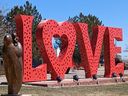 The love lock sculpture outside the visitors centre in Loveland, Colo.