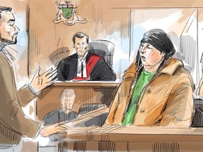 Sabrina Kauldhar, 30, second right, is shown in a Toronto court on a second-degree murder charge related to a death in the city, one of the three murder charges she faces in Toronto on Thursday, Oct. 17, 2024.