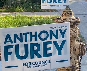 Anthony Furey signs on lawns in Toronto