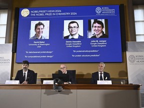 Johan Åqvist, member of the Nobel Committee for Chemistry, Hans Ellegren, Permanent Secretary and Heiner Linke, Chairman of the Nobel Committee for Chemistry award this years Nobel Prize in Chemistry to David Baker, Demis Hassabis, and John M Jumper at the Royal Swedish Academy of Sciences, in Stockholm, Sweden, Wednesday, Oct. 9, 2024.
