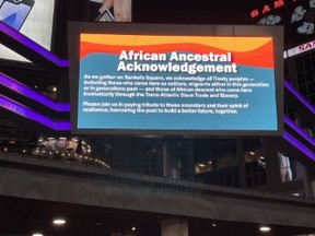 A new African Ancestral Acknowledgement has shown up in a neon video message at the soon to be named Sankofa Square -- Joe Warmington photo