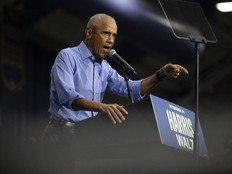 Former U.S. President Barack Obama speaks as he campaigns for U.S. Vice President and Democratic presidential candidate Kamala Harris in Pittsburgh, Oct. 10, 2024.