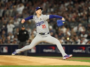 Walker Buehler #21 of the Los Angeles Dodgers pitches against the New York Yankees in the first inning during Game Three of the 2024 World Series at Yankee Stadium on October 28, 2024 in the Bronx borough of New York City.