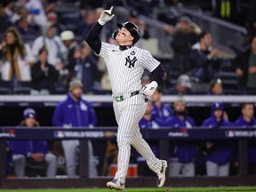 Alex Verdugo #24 of the New York Yankees rounds the bases after hitting a two-run home run in the ninth inning against the Los Angeles Dodgers during Game Three of the 2024 World Series at Yankee Stadium on October 28, 2024 in the Bronx borough of New York City.
