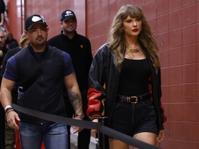 Taylor Swift arrives before the game between the Kansas City Chiefs and the Tampa Bay buccaneers at GEHA Field at Arrowhead Stadium.