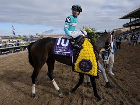 Flavien Prat reacts after riding Moira to victory