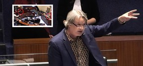 Councillor Gord Perks gestures while speaking about the Christian Heritage Party at council on Nov. 14, 2024. Inset, an angry Anthony Perruzza points at Speaker Frances Nunziata