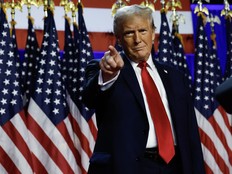 Republican presidential nominee, former U.S. President Donald Trump arrives to speak during an election night event at the Palm Beach Convention Center on Nov. 6, 2024 in West Palm Beach, Fla.