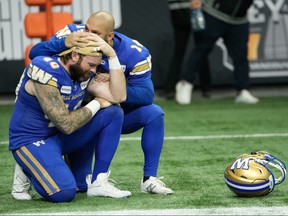 Winnipeg Blue Bombers kicker Sergio Castillo and teammate Mike Benson show their disappointment.