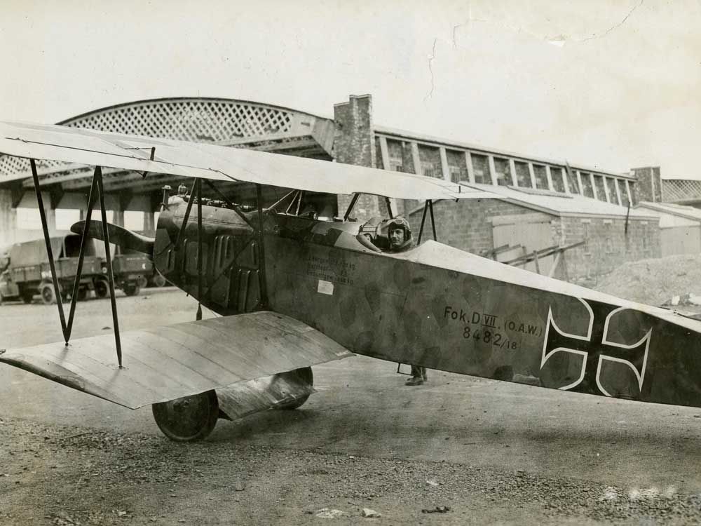 Major A. D. Carter is seen sitting in the cockpit of a Fokker D VII. Carter was born in Pointe de Bute, New Brunswick in 1892. 