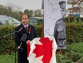 Canada's ambassador to Belgium, Nicholas Brousseau, speaks during a ceremony honouring Alex Decoteau, where a plaque was unveiled in the area where the Cree man was killed during the First World War, on Indigenous Veterans Day on Friday, Nov. 8, 2024.