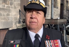 Honorary Capt. Debbie Eisan (R), an elder of the Mi’kmaw Native Friendship Centre and a Royal Canadian Navy veteran, attends the annual Remembrance Day ceremony at Menin Gate in Ypres, Belgium, on Monday, Nov. 11, 2024.