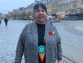 Honorary Capt. Debbie Eisan – a veteran of the Royal Canadian Navy and Elder of the Mi'kmaw Native Friendship Centre in Halifax, Nova Scotia – in Ypres, Belgium on Wednesday, Nov. 6, 2024.