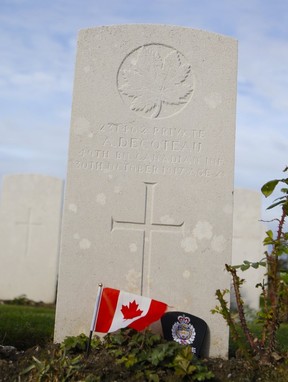 Pte. Alexander Decoteau, who ran long-distance in the 1912 Olympic Games and was the first indigenous member of a municipal police force in Canada, is among the 650 Canadian soldiers laid to rest in the Passchendaele New British Cemetery in Belgium.