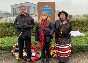 (L to R) Rick Decoteau, the great-nephew of Alex Decoteau, his wife Melinda, and Debbie Eisen, an elder of the Mi’kmaw Native Friendship Centre, were on hand for the unveiling of a monument honouring Rick's ancestor, who was killed during the First World War, on Indigenous Veterans Day on Friday, Nov. 8, 2024.