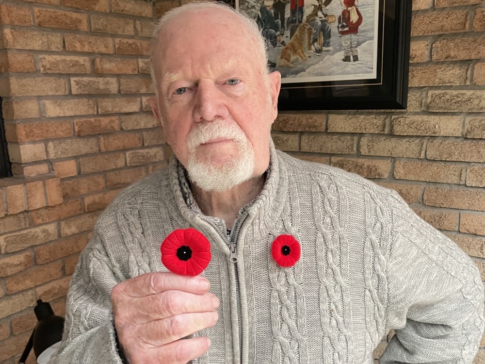  Don Cherry wears a Remembrance Day poppy at his home in Mississauga, Friday Nov. 8, 2024.