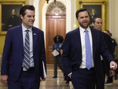 Former U.S. Rep. Matt Gaetz (R-FL), left, President-elect Donald Trump's nominee to be Attorney General, walks alongside Vice President-elect JD Vance, right, as they arrive for meetings with Senators at the U.S. Capitol in Washington, D.C., Wednesday, Nov. 20, 2024.