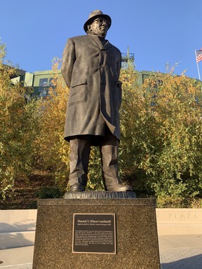 A statue on legendary Packers coach Vince Lombardi watches over Lambeau Field.