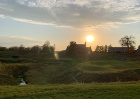 The 18th hole as the sun begins to set at Whistling Straits.