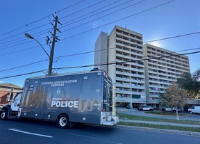 Toronto Police at the scene of a fatal stabbing at West Hill apartments 4175 Lawrence Ave. E. at Kingston Rd. on Nov. 7, 2024.