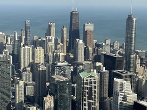 The iconic Chicago skyline as viewed from the Willis Tower Skydeck.