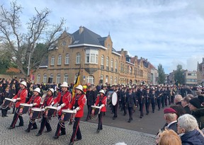 A parade of military, police and fire services personnel from various countries passed through the Menin Gate in Ypres, Belgium, as more than 5,000 people lined the streets for the city's annual Remembrance Day ceremony on Monday, Nov. 11, 2024.