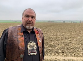 Jeff Purdy, a councillor with Wasoqopa'q-Acadia First Nation, visits the scene where his great-great-grandson Sgt. Sam Glode participated in tunnelling operations during the Battle of Messines in the First World War on Thursday, Nov. 7, 2024.