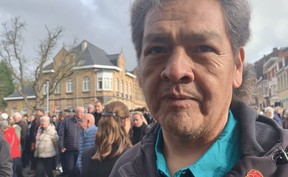 Rick Decoteau, the great-nephew of Indigenous First World War soldier Alex Decoteau, attends the annual Remembrance Day ceremony at Menin Gate in Ypres, Belgium, on Monday, Nov. 11, 2024.