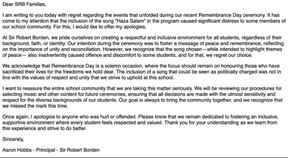 Letter to parents from Sir Robert Borden High School Principal Aaron Hobbs