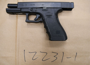 An image from Toronto Police of a firearm allegedly found on a Montreal boy, 16, in a stolen Rolls Royce on Nov. 3, 2024 in the Jane and Driftwood area.