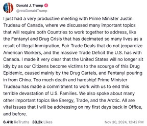 U.S. President-Elect shared this post to social media on Nov. 25, promising to levy a 25% trade tariff on goods entering the U.S. from Canada and Mexico.