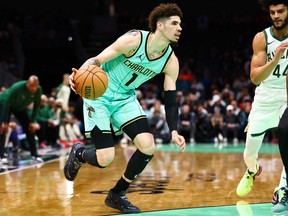 LaMelo Ball of the Charlotte Hornets controls the ball during the first half of a basketball game against the Milwaukee Bucks at Spectrum Center on Nov. 16, 2024 in Charlotte, North Carolina.