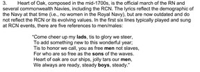 The first six lines of the Royal Canadian Navy march Heart of Oak, as part of an RCN briefing note on the 265-year-old song's 'problematic lyrics'