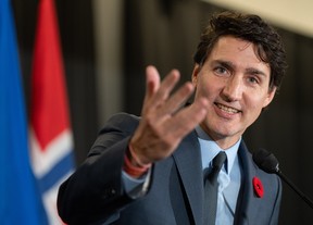 Prime Minister Justin Trudeau speaks during a reception for the Ministerial Conference on the Human Dimension of Ukraine's 10-Point Peace Formula, in Montreal on Wednesday, Oct. 30, 2024.