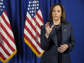 Democratic presidential nominee Vice-President Kamala Harris speaks to reporters after delivering remarks at a church service at Greater Emmanuel Institutional Church of God in Christ, Sunday, Nov. 3, 2024, in Detroit.