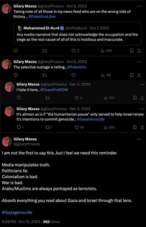Screenshots of social media posts by Inclusive Leaders consultant Gilary Massa