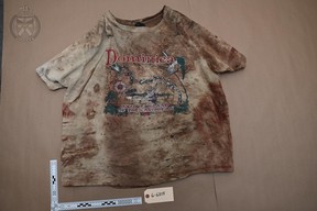 A Toronto Police evidence photo shows a bloodied t-shirt that was worn by Colin Henry. Superior Court of Justice Exhibit