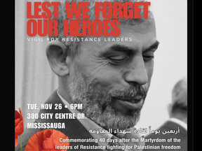 A poster advertising a Mississauga, Ont., vigil in honour of Hamas leader Yahya Sinwar.