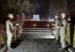 Belgium soldiers stand guard at the Canadian Memorial in Crest Farm, in Belgium, which pays tribute to Canadian soldiers at the Battle of Passchendaele 107 years ago, on Nov. 10, 2024.
