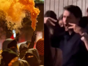 Splitscreen of pro-Palestinian protesters in Montreal and PM Justin Trudeau at Taylor Swift's concert at the Rogers Centre in Toronto on Friday, Nov. 22, 2024.
