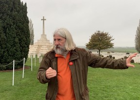 Local guide Erwin Ureel describes the Battle of Passchendaele during First World War at Tyne Cot Cemetery just outside of Ypres, Belgium, on Saturday, Nov. 9, 2024.