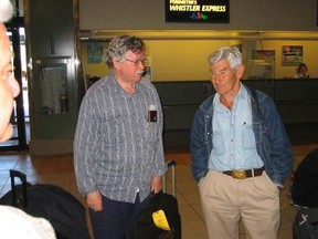 Vince Courtenay and Sun legend and fellow Korean war veteran Peter Worthington during a trip back to the warzone earlier this century -- supplied