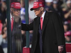 Republican presidential nominee former president Donald Trump arrives at a campaign rally in Lititz, Pa., Sunday, Nov. 3, 2024.