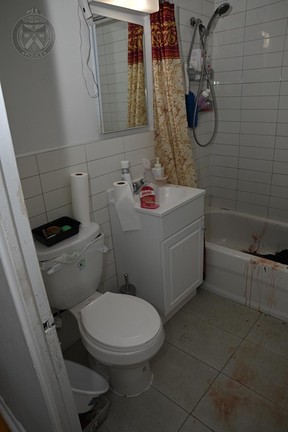 A Toronto Police evidence photo of a blood-splattered washroom inside the Etobicoke apartment on Bergamot Ave. Ontario Superior Court of Justice Exhibit