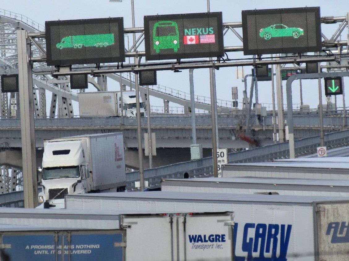 trucks on the blue water bridge near sarnia.