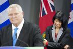 Toronto Mayor Olivia Chow's absence from an Oct. 7 vigil was noticed by irate voters. In attendance was Ontario Premier Doug Ford, left.