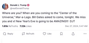 This screenshot from President-elect Donald Trump’s Truth Social account shows a post made Friday, Dec. 27, 2024. (Truth Social via AP)