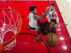 RJ Barrett of the Toronto Raptors goes to the basket.